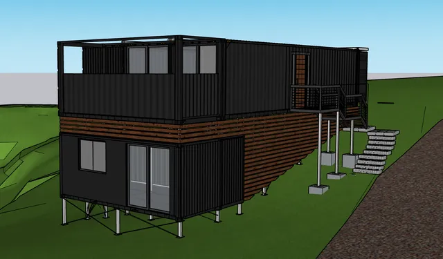 Three-dimensional design render of the Diamond Harbour shipping-container home