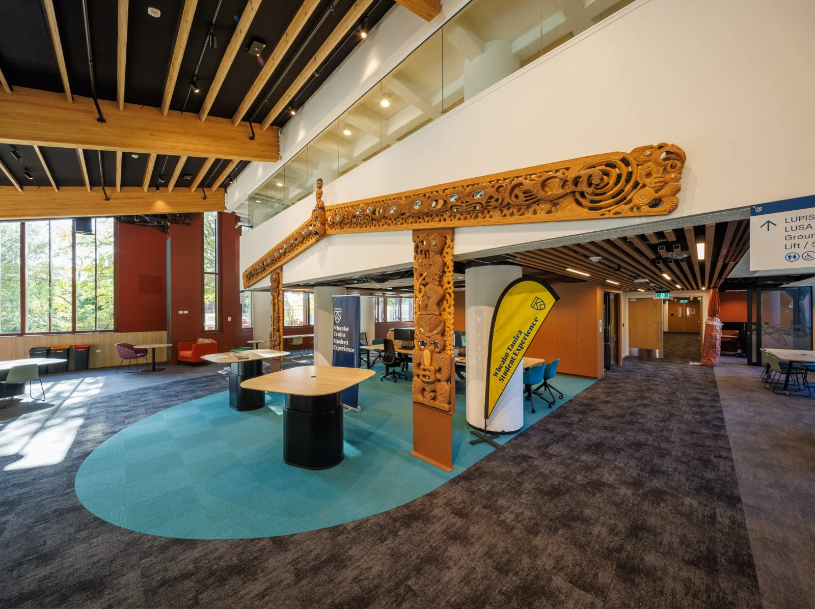 Completed George Forbes Building foyer with cultural artwork and student seating