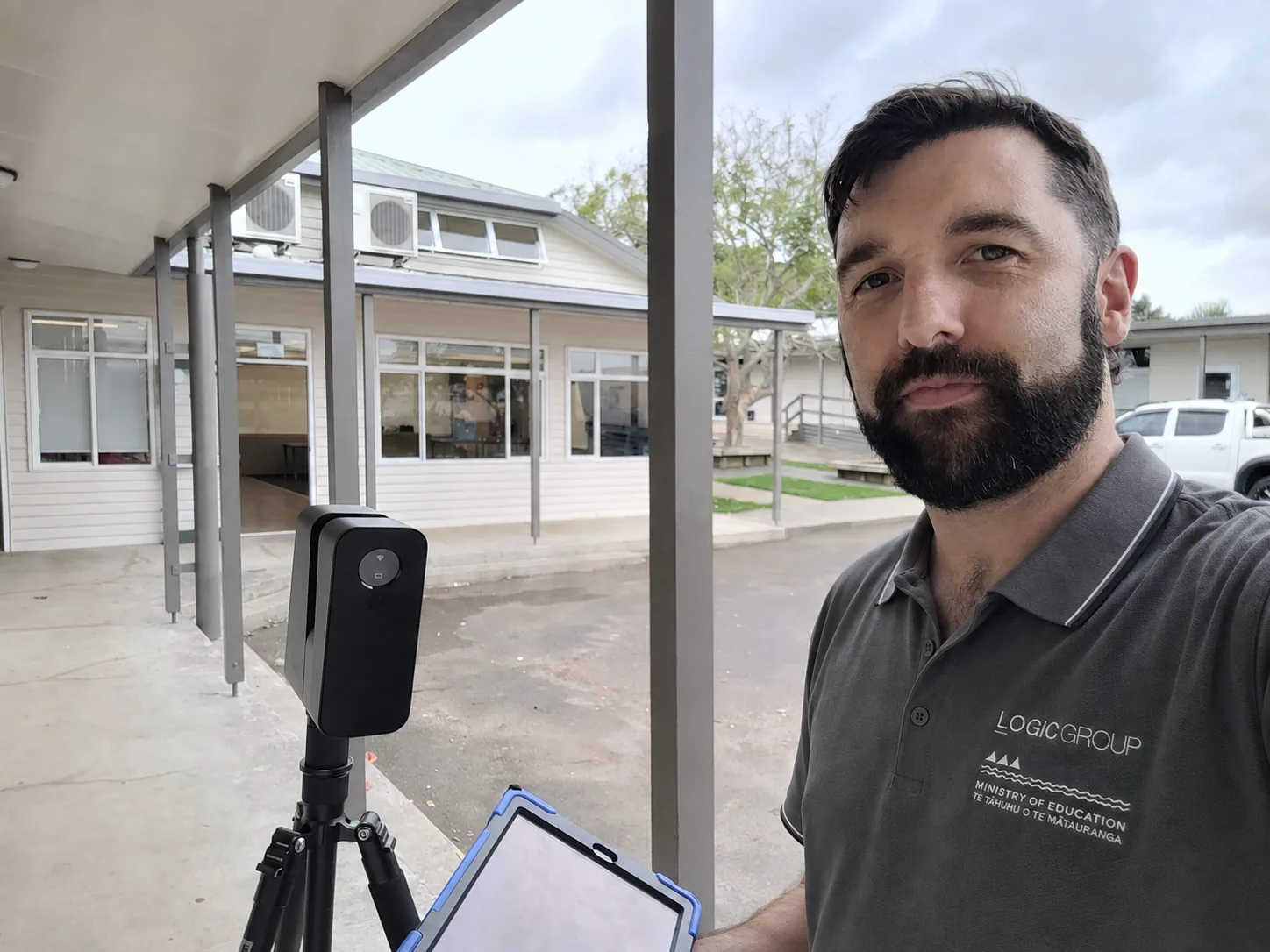 Josh Bohan carrying out Matterport digital site capture at a South Island school