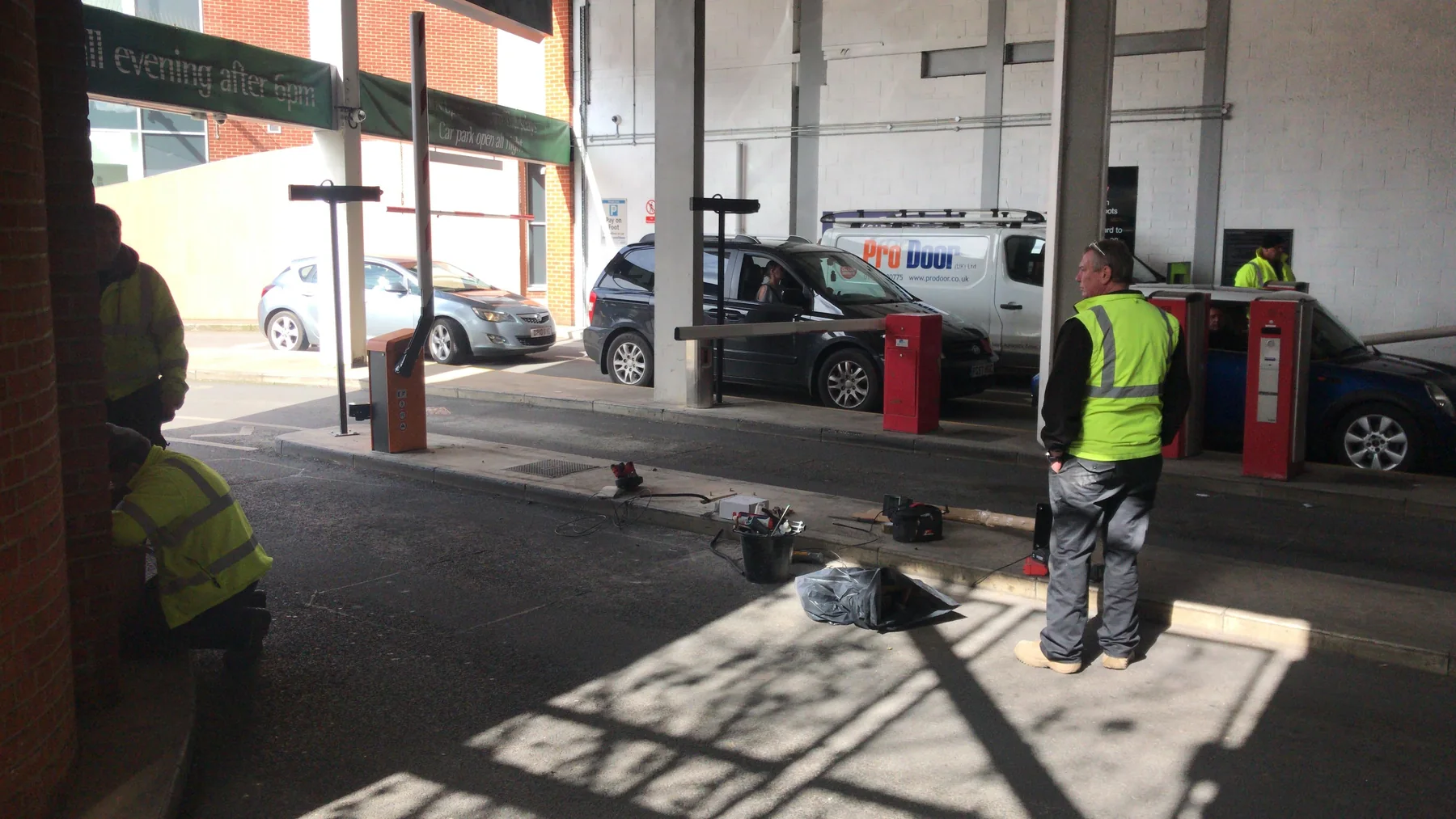 Contractors installing parking technology in the operating Eden car park