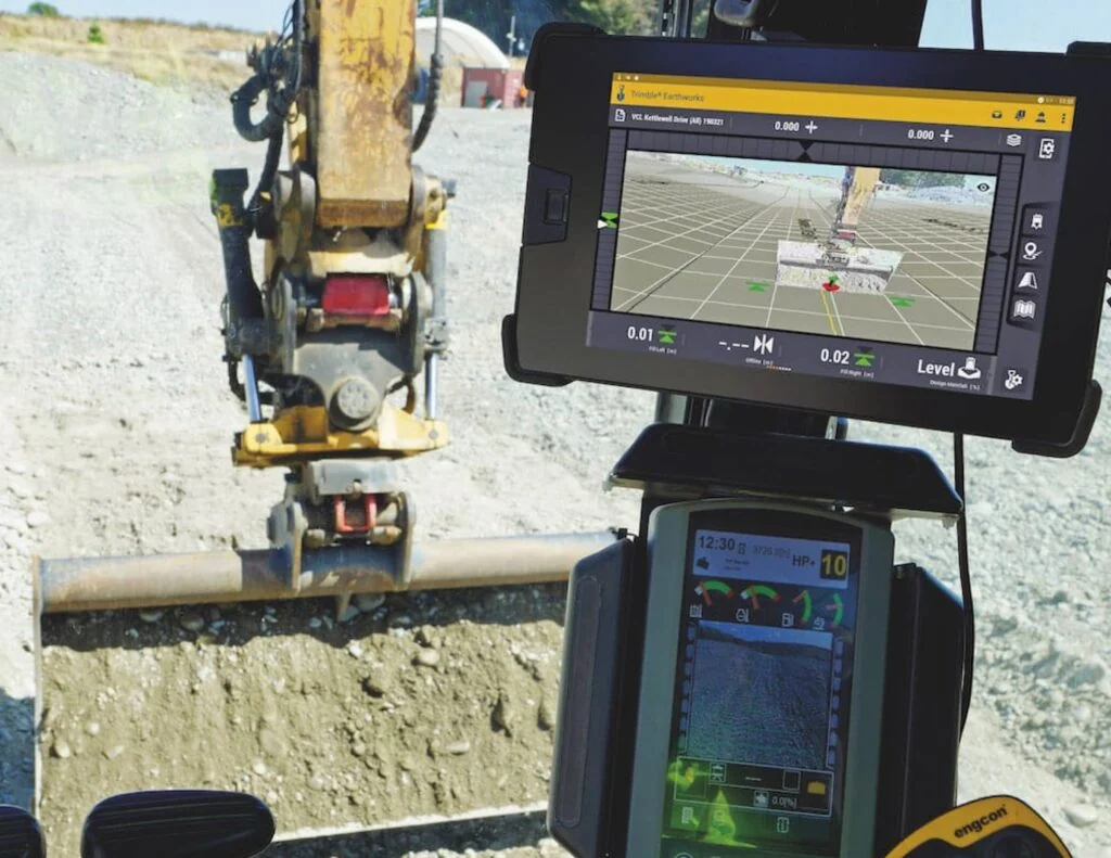 Trimble Earthworks augmented reality guidance displayed inside an excavator cab